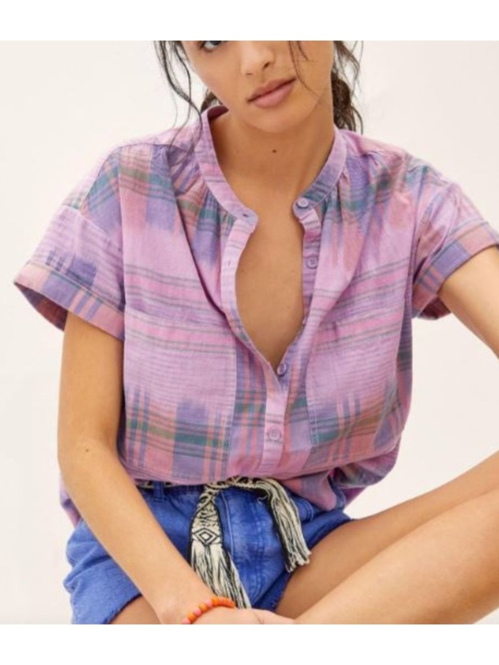 Anthropologie | Pilcro The Hannah Surf Blouse Purple Plaid Short Sleeve Size M
